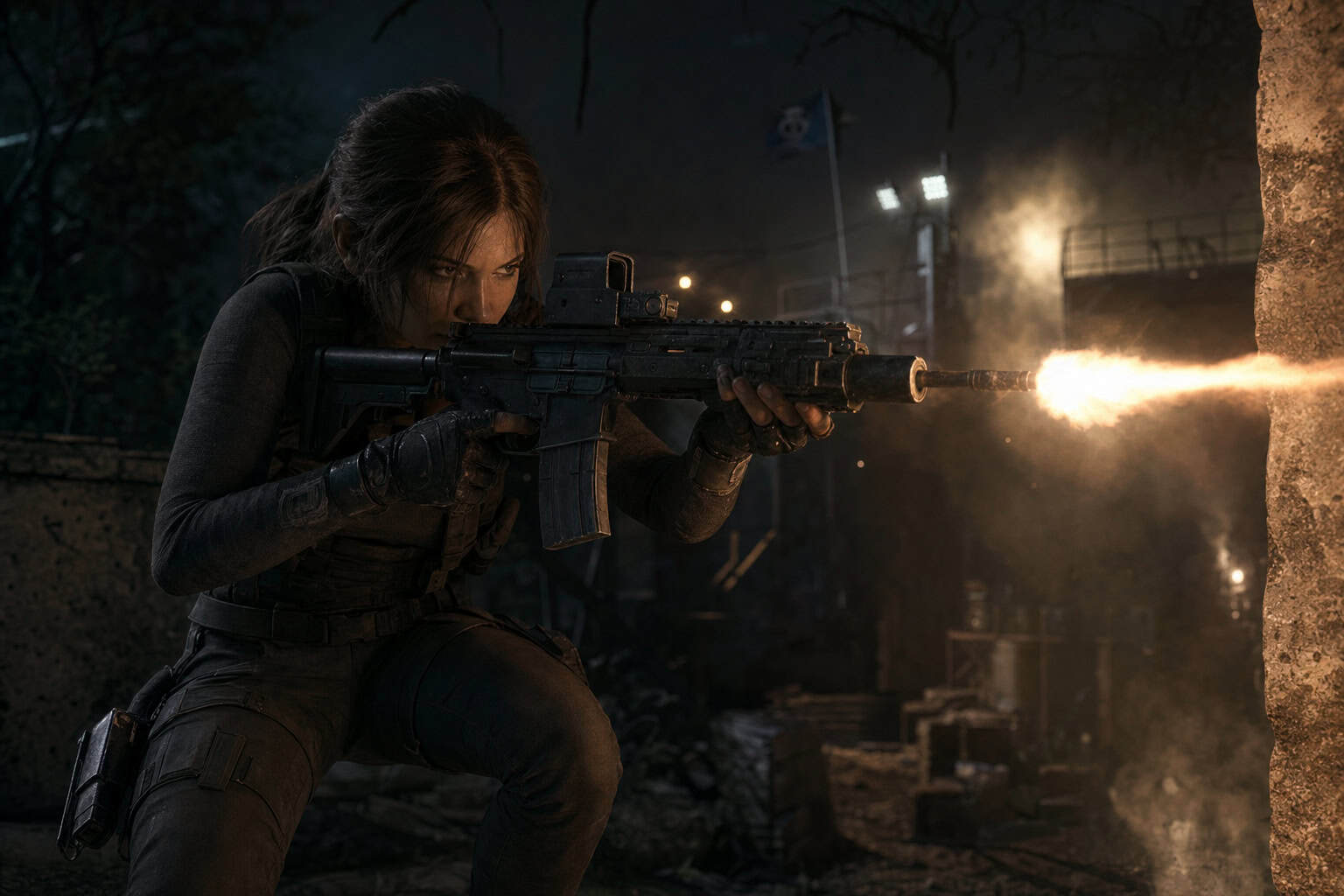 Does Outfit Choice Matter in Rise of the Tomb Raider? Yes — Here's How 3 Lara Croft in the Shadowrunner Outfit during a stealth mission at a Trinity outpost in Rise of the Tomb Raider.
