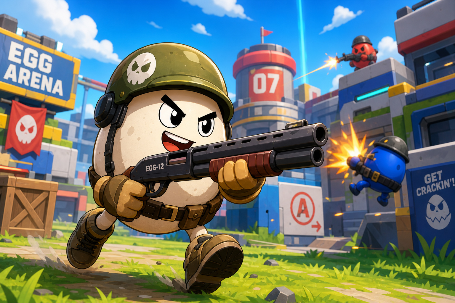 Cartoon egg character with helmet and shotgun in Shell Shockers browser-based FPS arena.