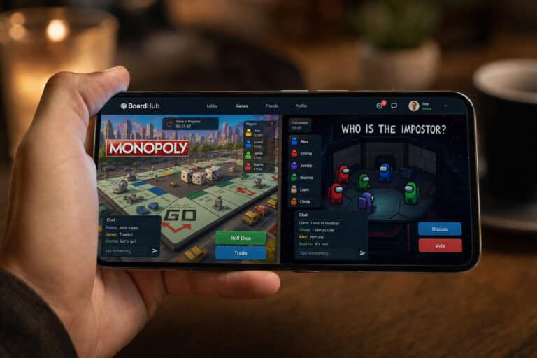 Close-up of a hand holding a smartphone displaying Monopoly and Among Us game screens, highlighting popular mobile multiplayer games.
