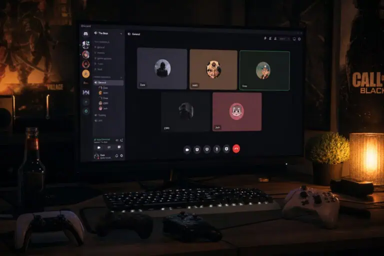 Computer monitor displaying a video call with multiple participants, gaming controllers, keyboard, and ambient lighting in a dark room.