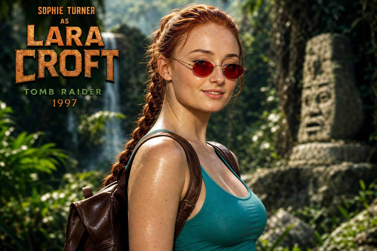 Lara Croft Game vs. Movie Outfits: A Side-by-Side Comparison 6 Sophie Turner Lara Croft Tomb Raider II inspired short shorts and red sunglasses from 2026 TV series.