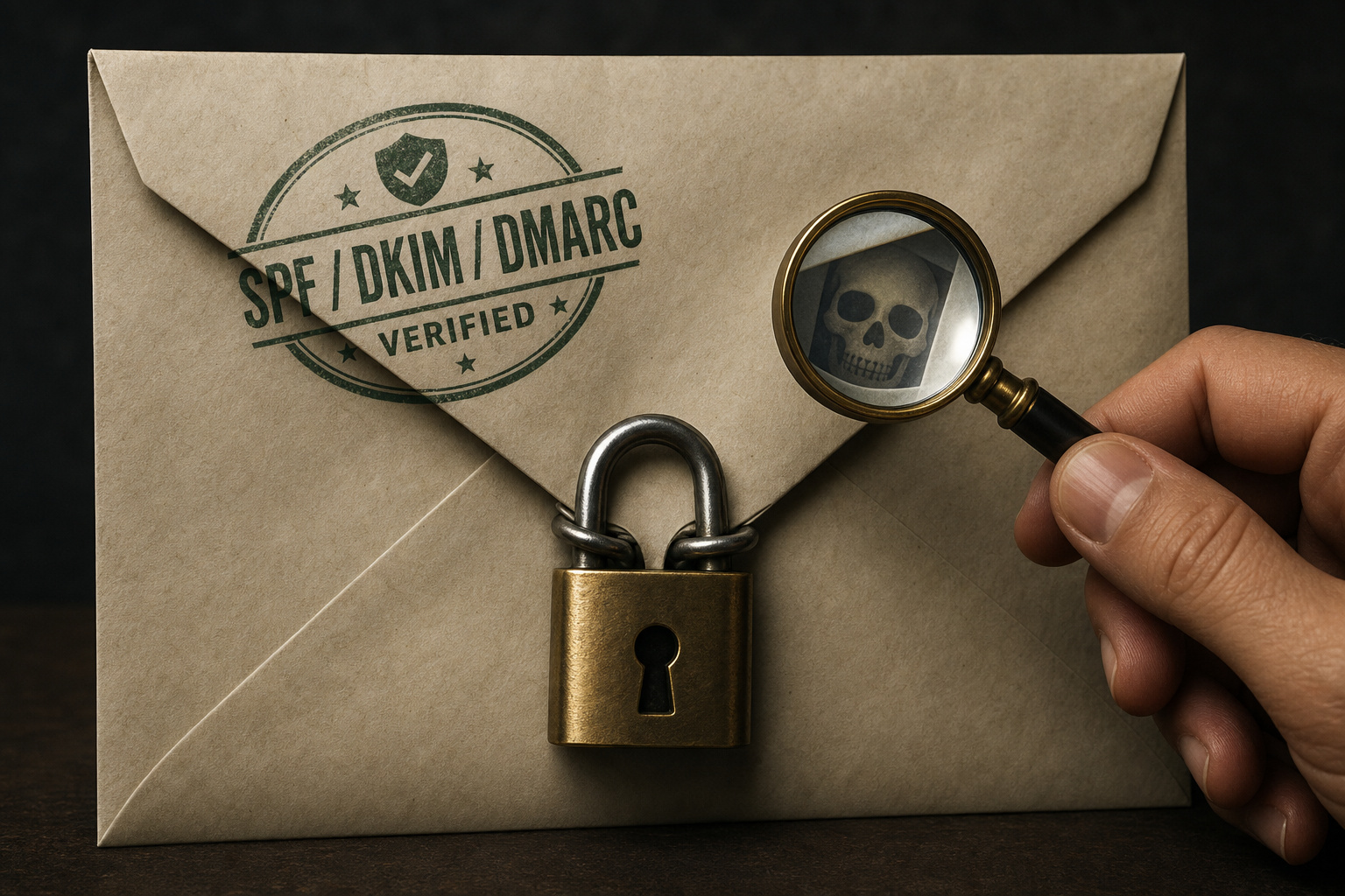 How to Verify if an Email is Legit: A Security Pro's Step-by-Step Guide 3 Envelope with authentication stamps but a hidden skull icon inside, showing SPF/DKIM/DMARC limits.