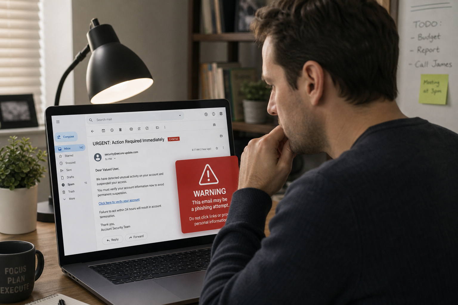 Free Email Scammer Check: 4 Steps to Catch Phishing Without Paying 9 Person reading a suspicious email with urgent language on a laptop in a home office.