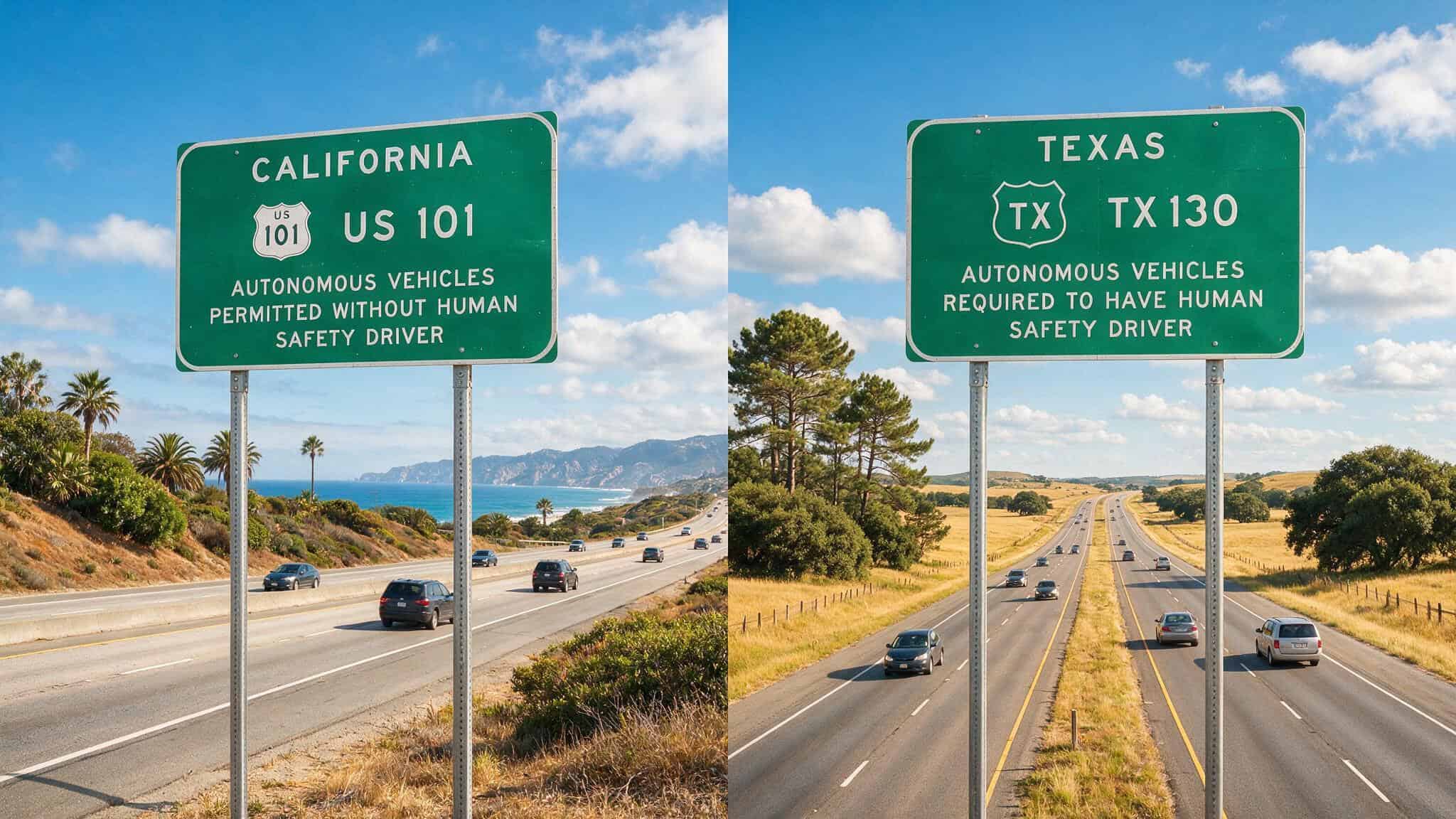 Why Self-Driving Cars Might Not Be Safer Than Humans 4 California and Texas highway signs representing the fragmented state-by-state autonomous vehicle regulations