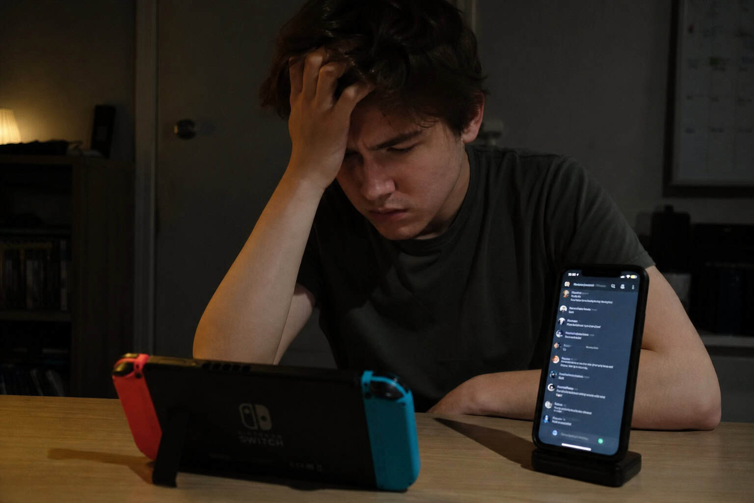 Nintendo Switch and smartphone with chat app, highlighting the platform's social friction.