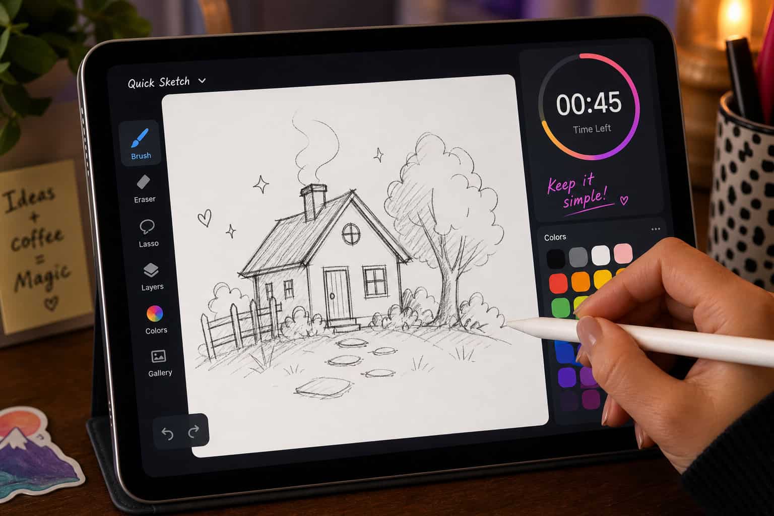 10 Free Online Party Games for Adults That Actually Work (Ranked) 7 Person drawing a house and tree on a tablet using a stylus, with sketching app interface visible.