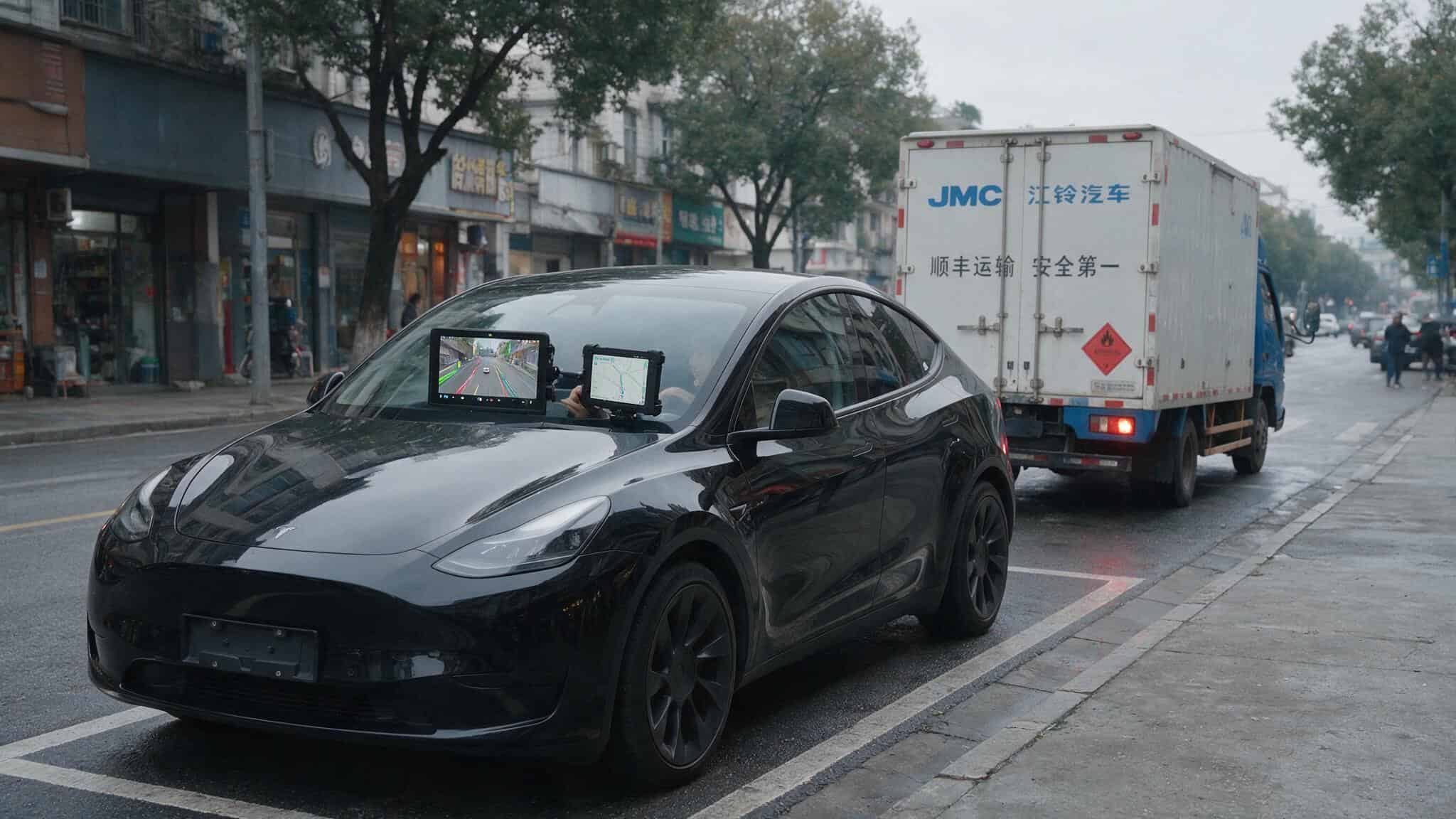 Tesla Model Y robotaxi with safety monitor pressing button as delivery truck backs up in Austin