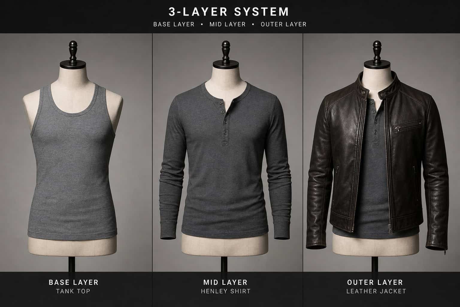 Lara Croft's three-layer clothing system for climate adaptation: tank top, henley, and leather jacket.