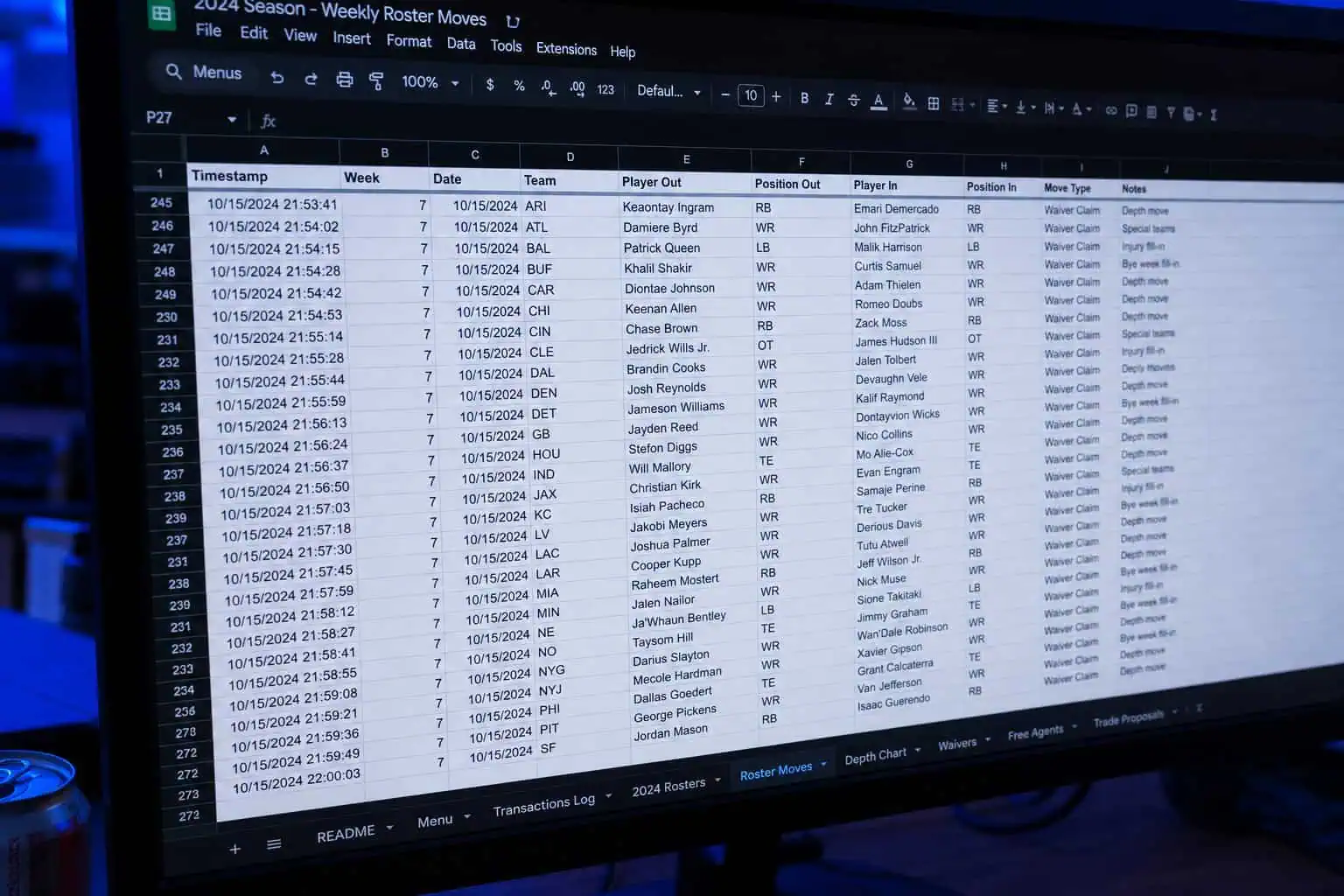 Spreadsheet tracking over 500 League of Legends roster moves during the 2025-2026 offseason.