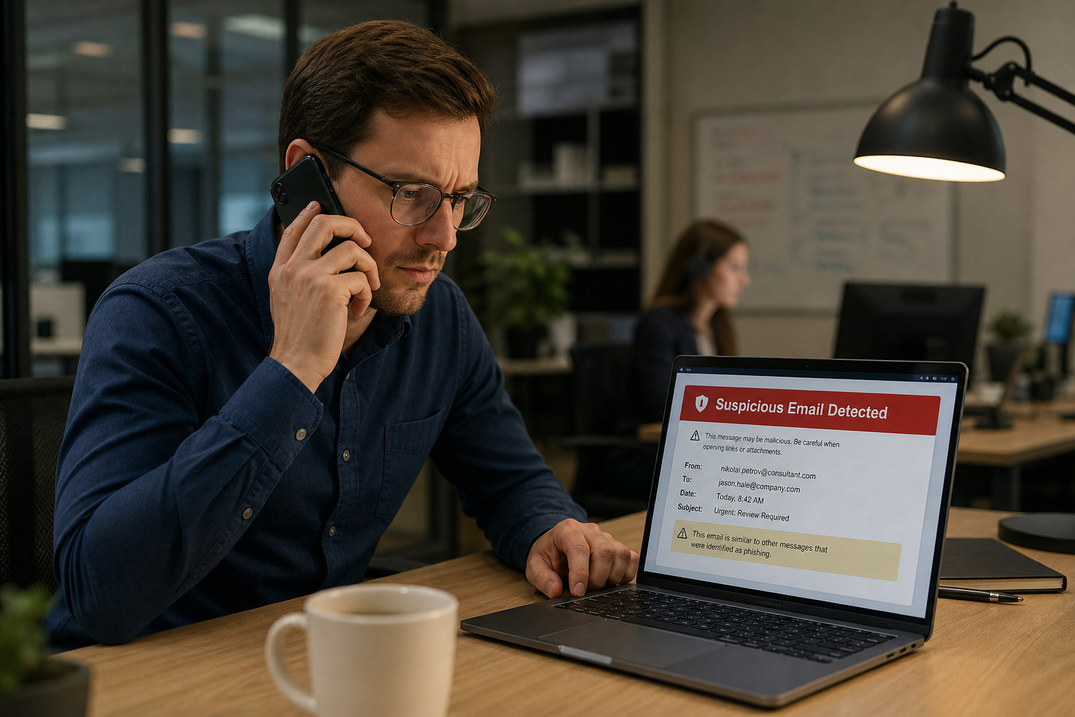 How to Identify a Fake Email Address: 12 Geeky Telltale Signs 9 Person on the phone verifying a suspicious email from a known contact with a colleague.