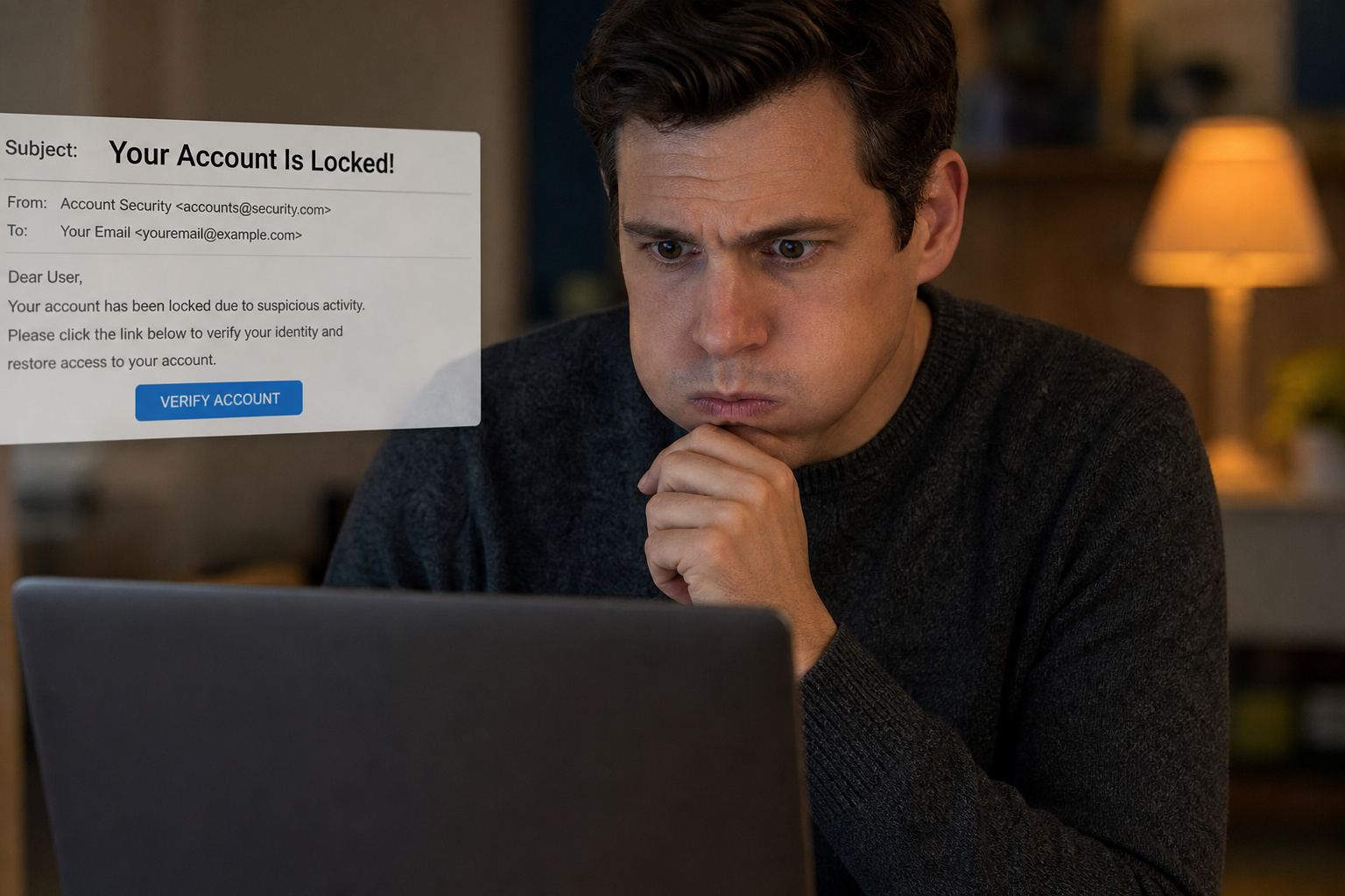 How to Identify a Fake Email Address: 12 Geeky Telltale Signs 4 Person reacting to an urgent phishing email subject line 'Your Account Is Locked!'.