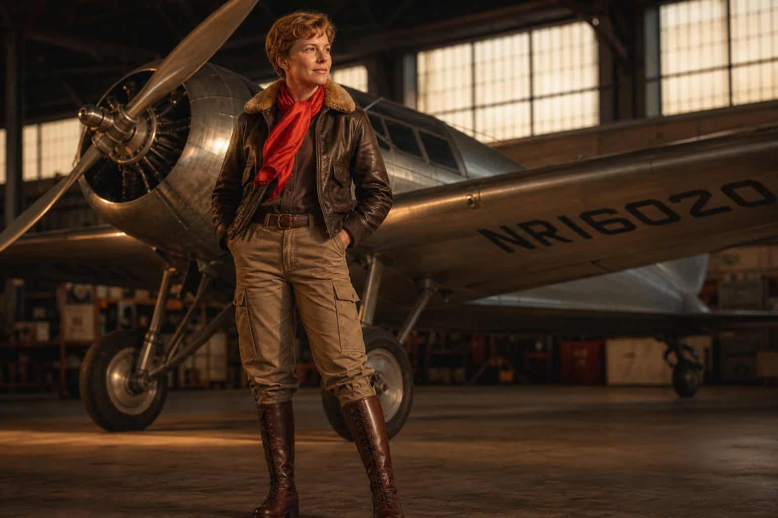 Valiant Explorer outfit with 1930s aviator jacket and red silk scarf inspired by Amelia Earhart.