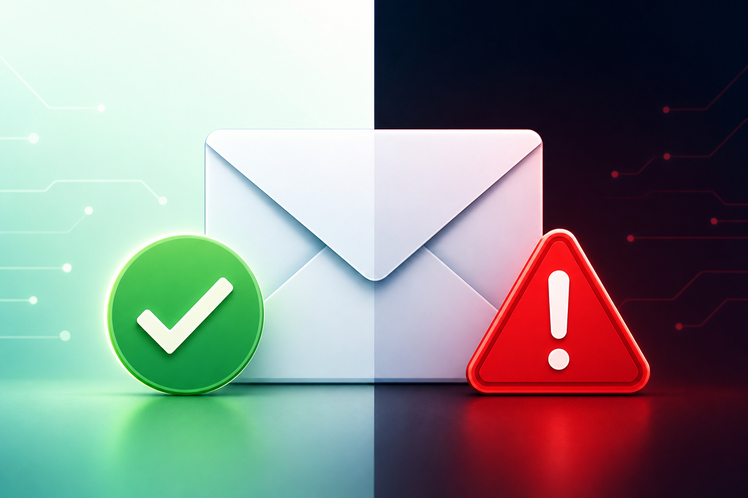 Free Email Scammer Check: 4 Steps to Catch Phishing Without Paying 2 Email envelope with green checkmark and red warning sign illustrating valid vs safe distinction.