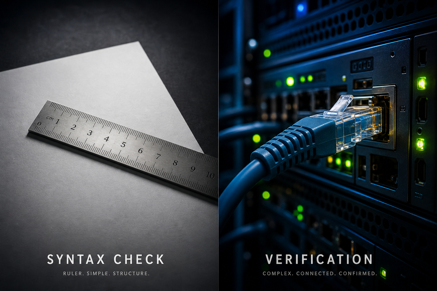How to Check if an Email is Valid Without Sending: SMTP, DNS & Free Tools 3 Split image showing simple ruler for syntax validation and network cable for email verification