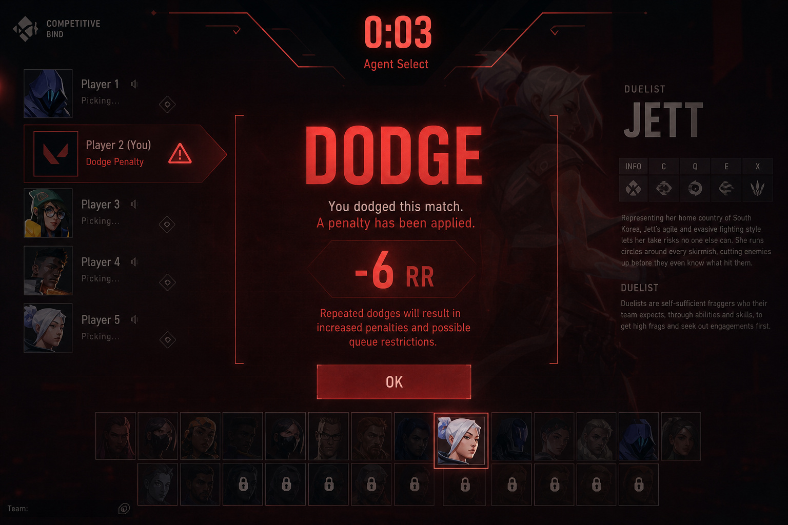 Valorant agent select screen with a dodge penalty warning showing 6 RR loss.