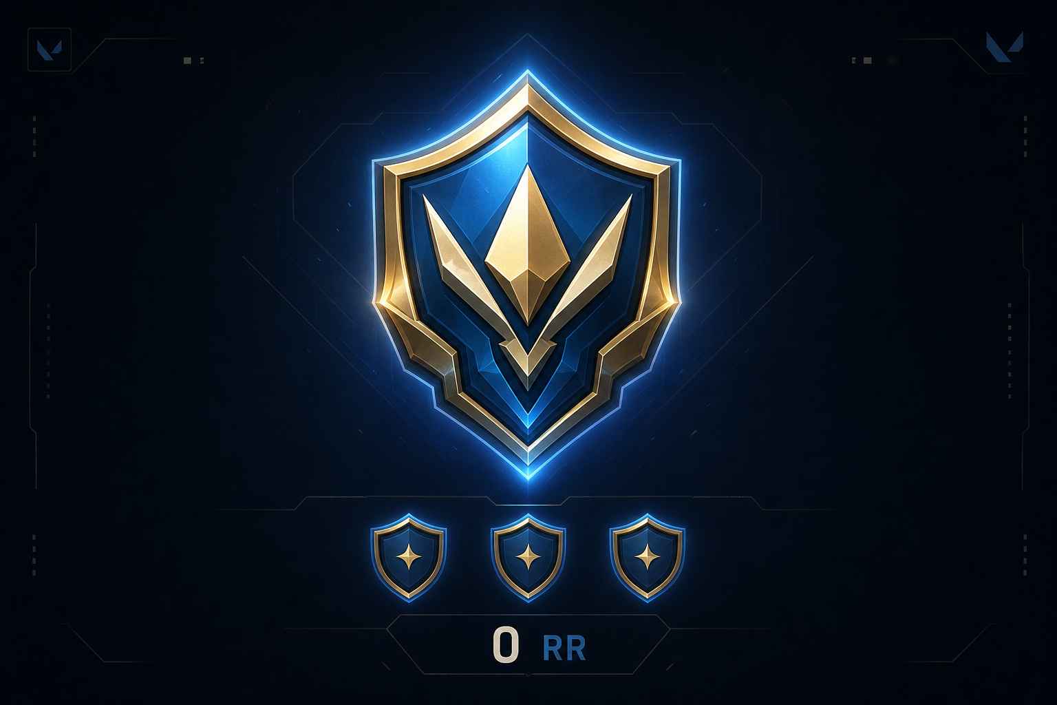 Valorant rank shield icon with three shields and 0 RR indicator on a dark UI background.