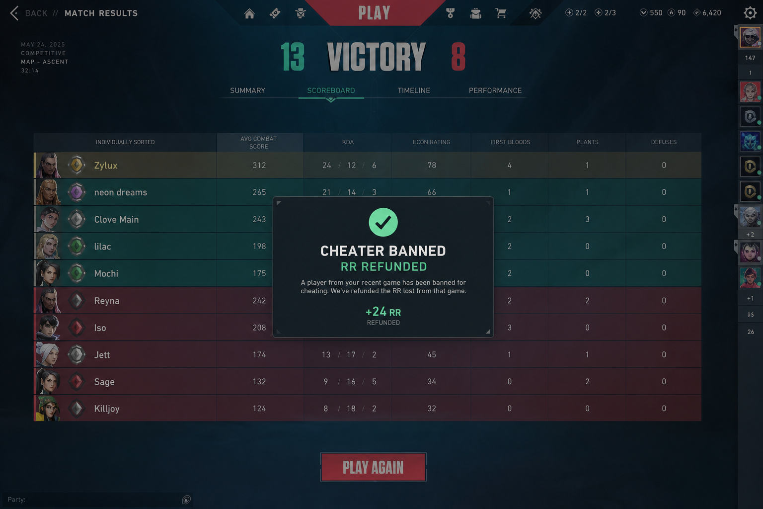 Valorant post-match scoreboard showing a cheater banned notification with RR refunded.