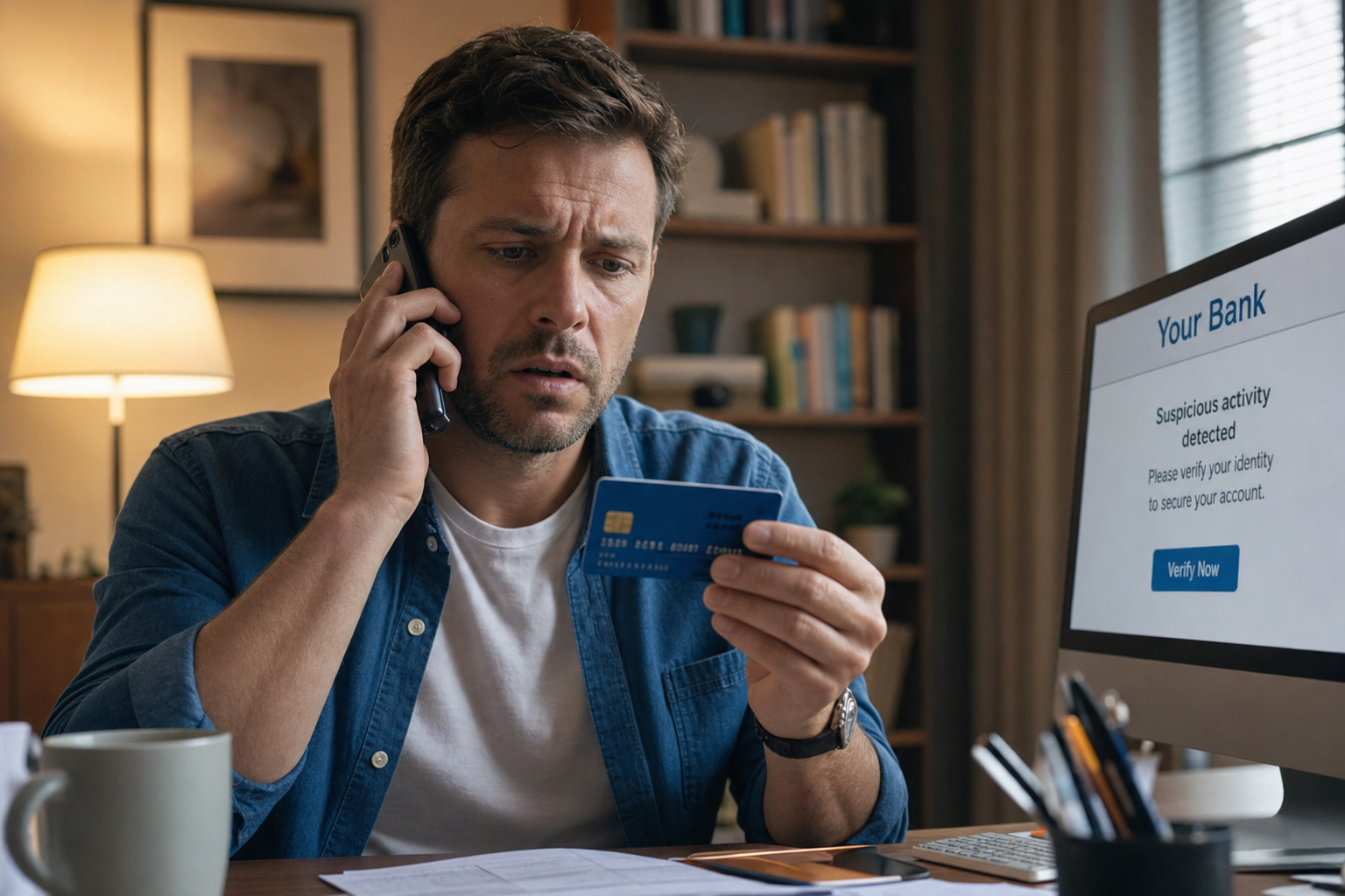 How to Tell If It's a Scammer Email: 7 Red Flags That Go Beyond the Obvious 8 Person on a phone call with a scammer pretending to be from their bank, holding a credit card.