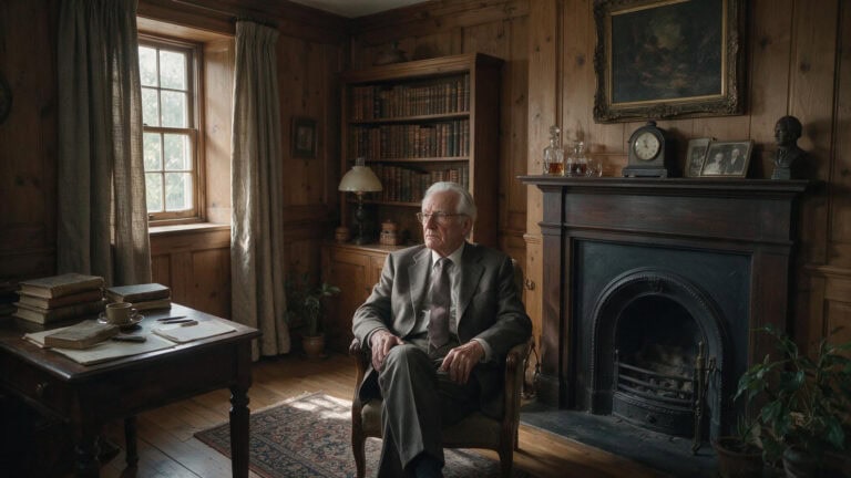 Warren Buffett sitting alone in a quiet room, illustrating the Pascal quote and temperament-over-IQ investing philosophy.