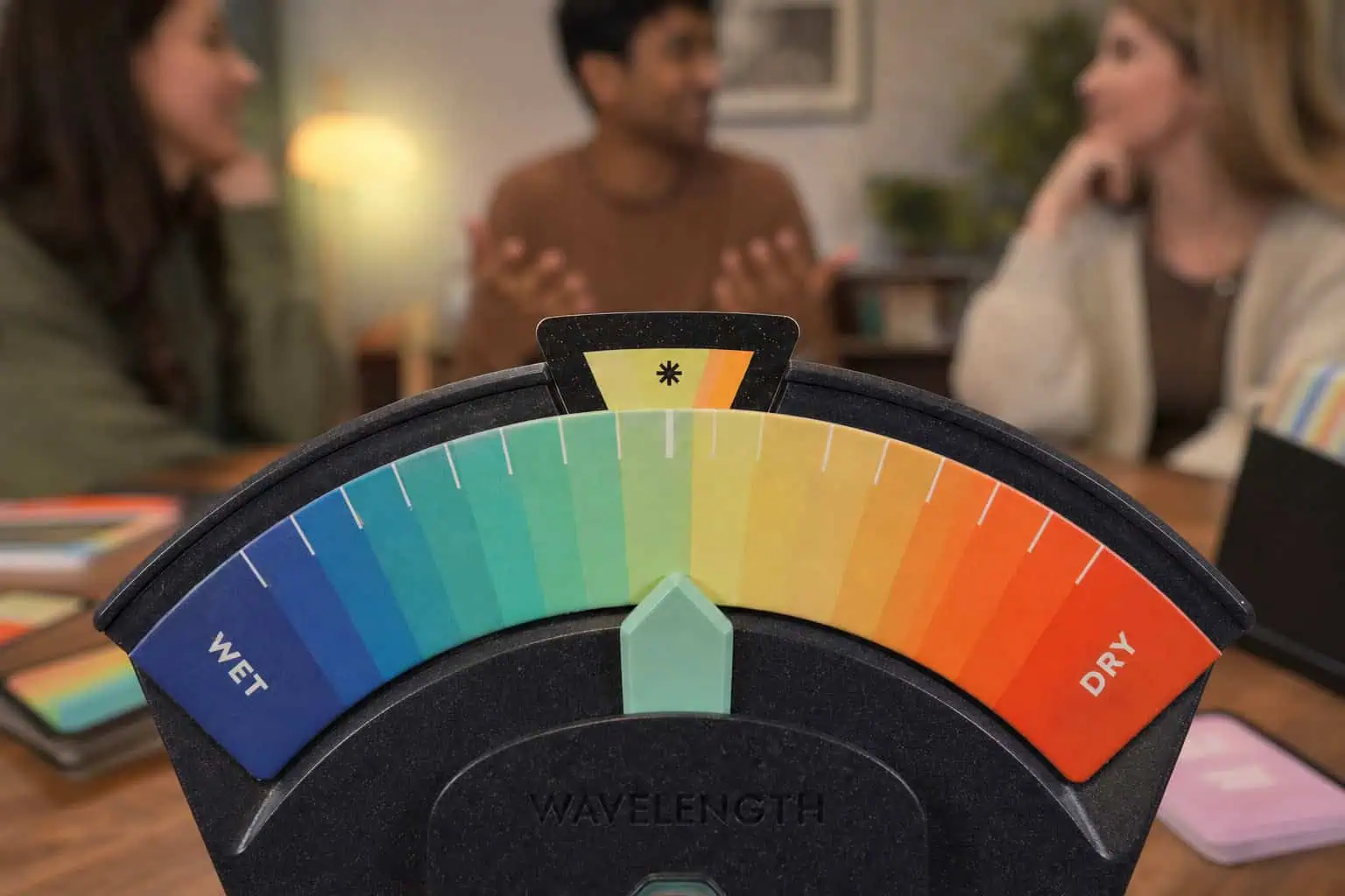 Best Social Party Games for Large Groups: Tested With 25 People 3 Close-up of a humidity meter showing dry to wet scale, with three people in the background discussing indoors.