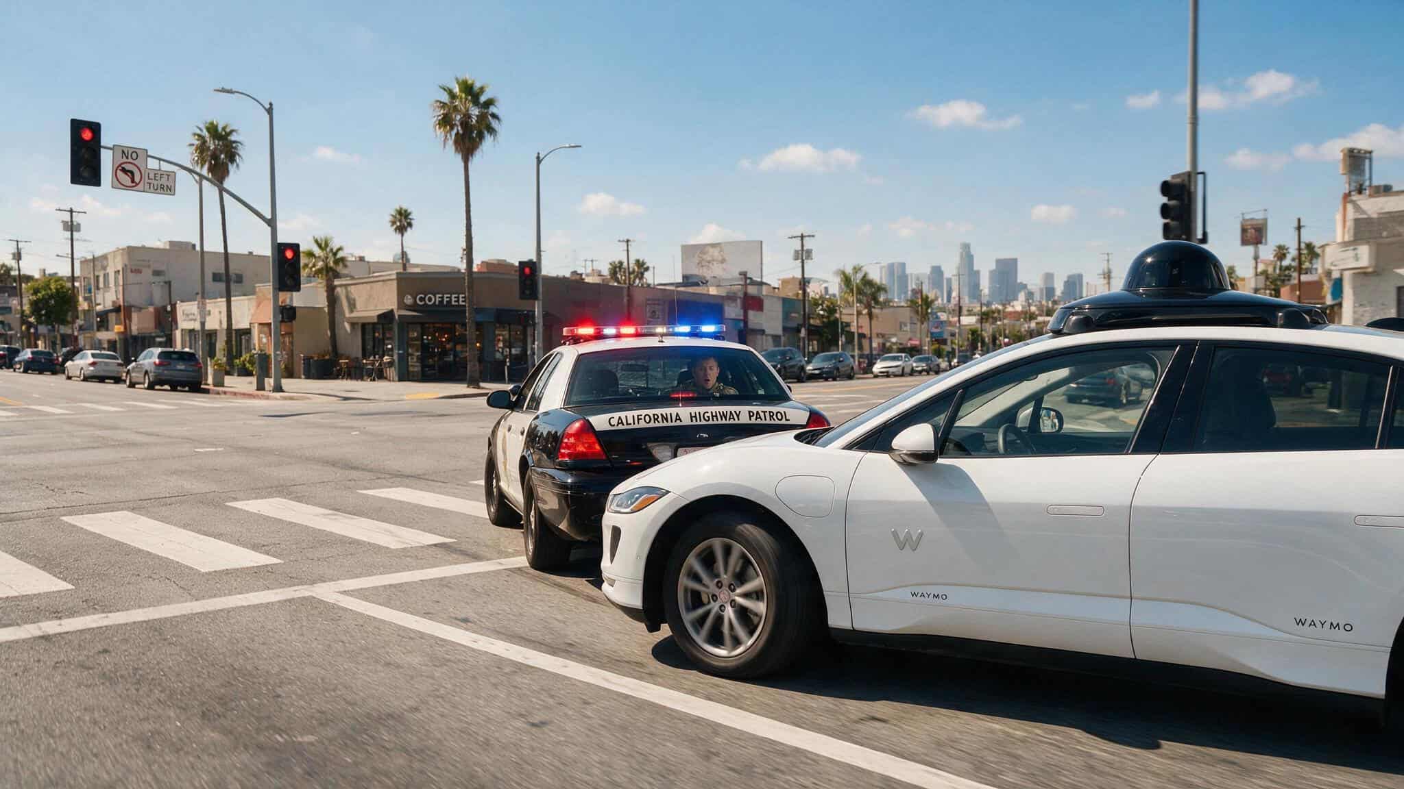 What Happens If a Cop Pulls Over a Waymo? The San Bruno U-Turn That Left Police Stumped 2 Waymo robotaxi making illegal left turn in front of police car in Los Angeles