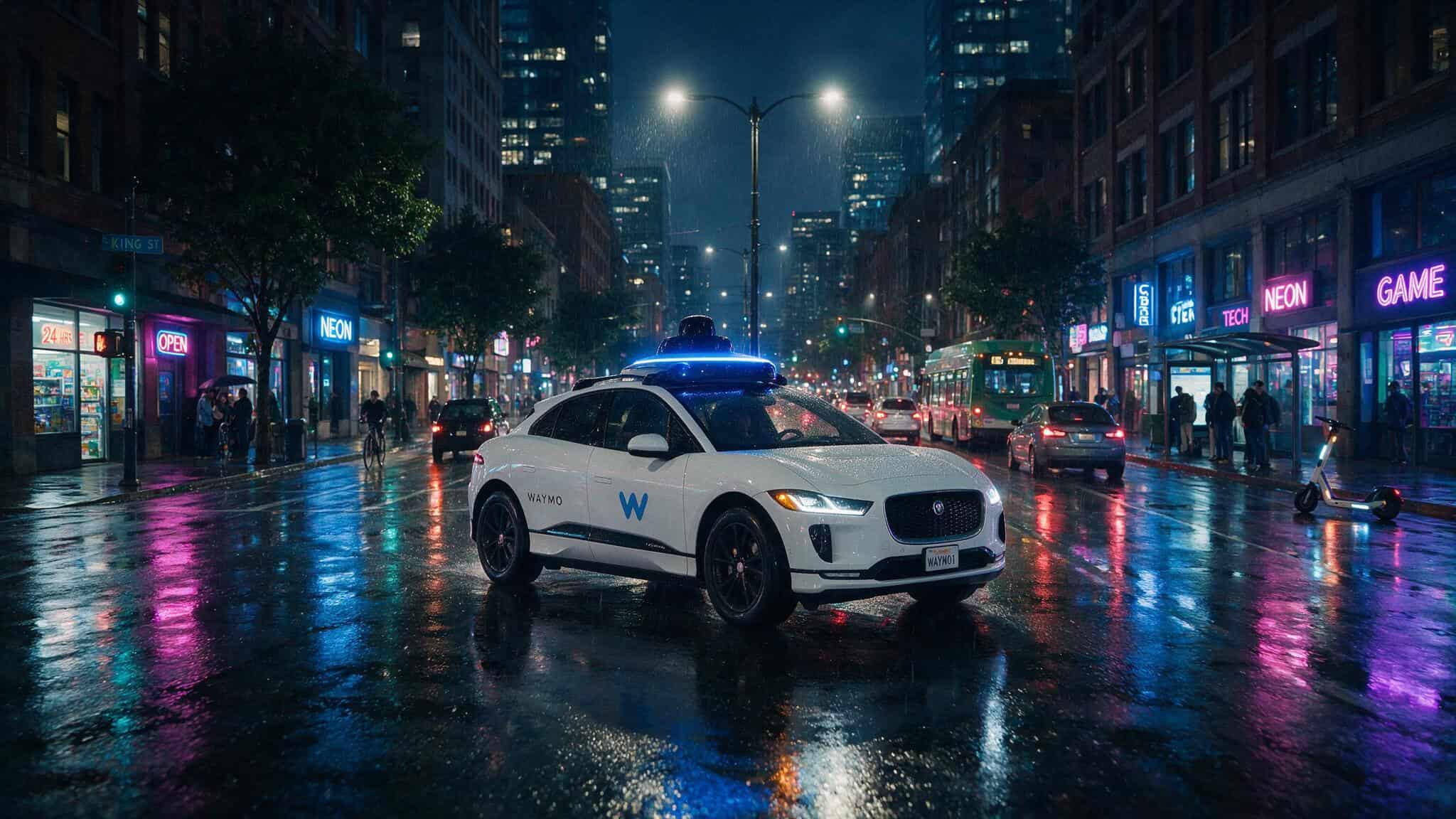Waymo Jaguar I-Pace robotaxi with glowing LiDAR sensors driving through rainy city street at night