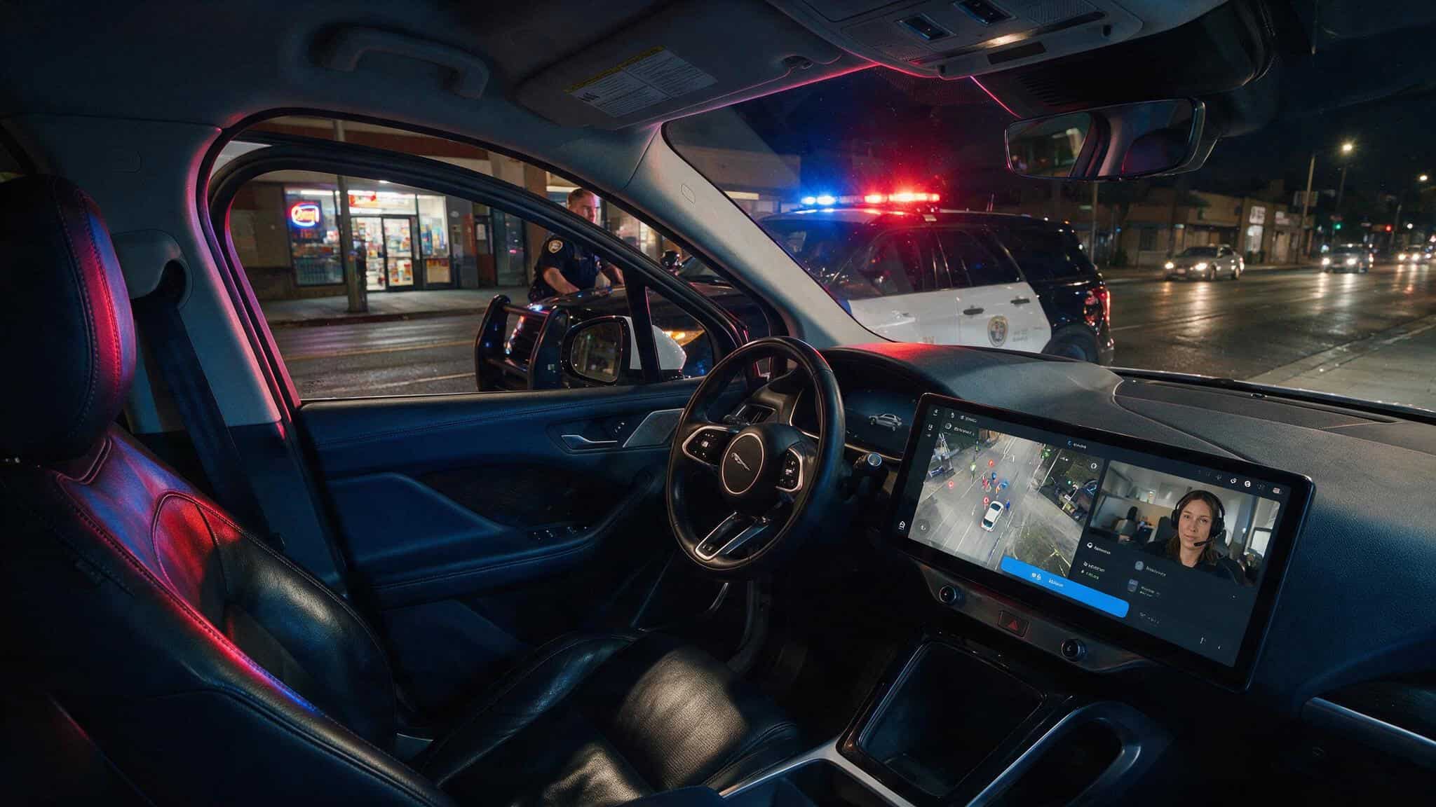 What Happens If a Cop Pulls Over a Waymo? The San Bruno U-Turn That Left Police Stumped 3 Waymo interior with windows down and remote operator screen during police stop