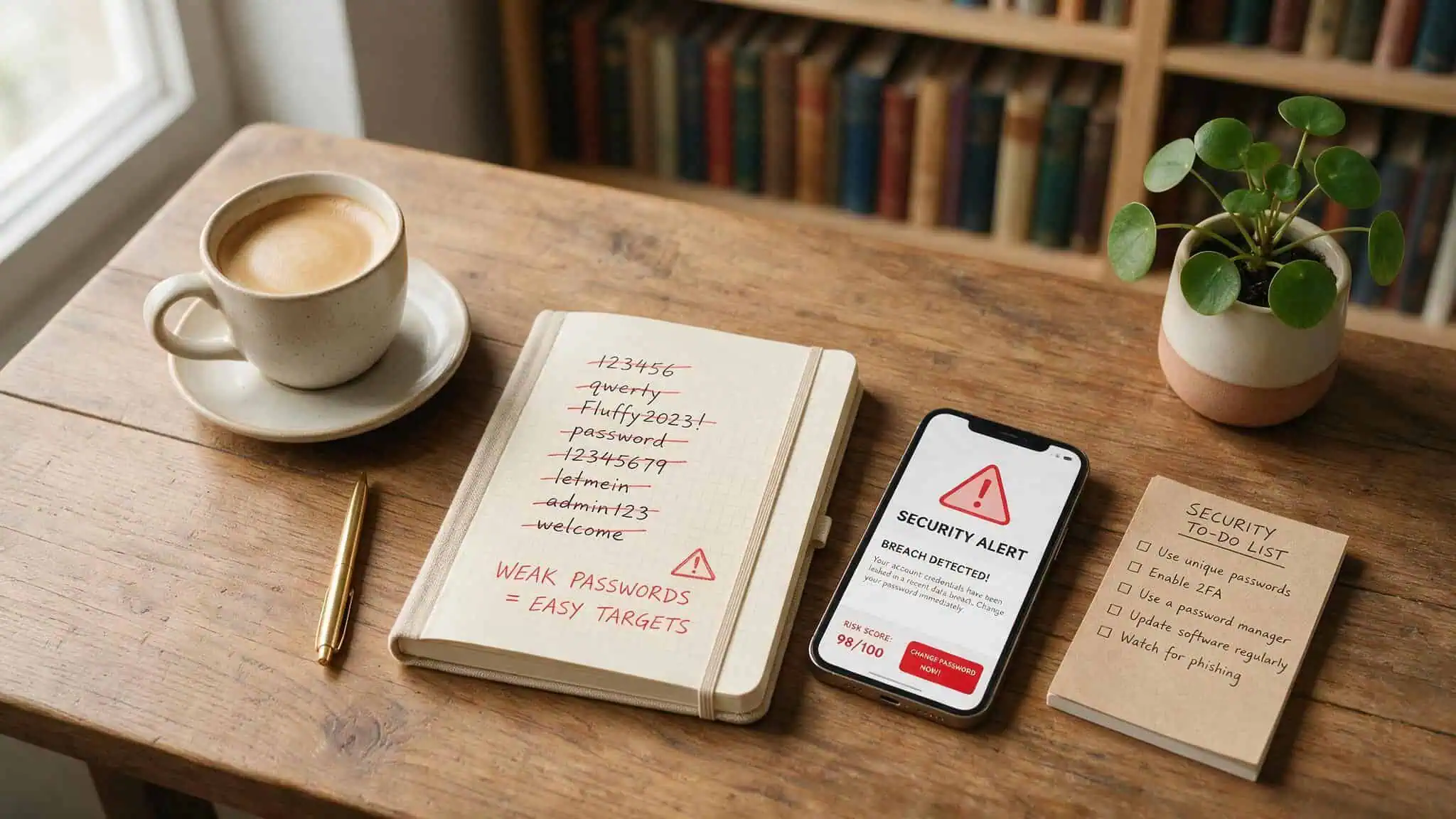 Password Examples List: 10 Real Strong Passwords (and Why They Work) 3 Notebook with crossed-out weak passwords like 123456 and Fluffy2023! next to a breach alert on a smartphone.