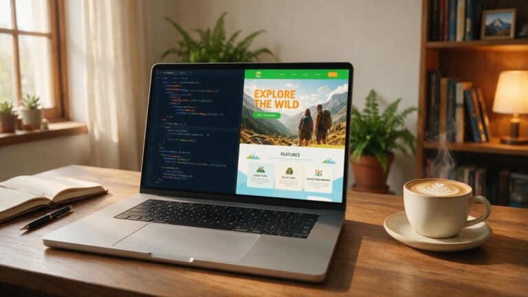 Laptop showing web design code and mockup, representing web design courses.