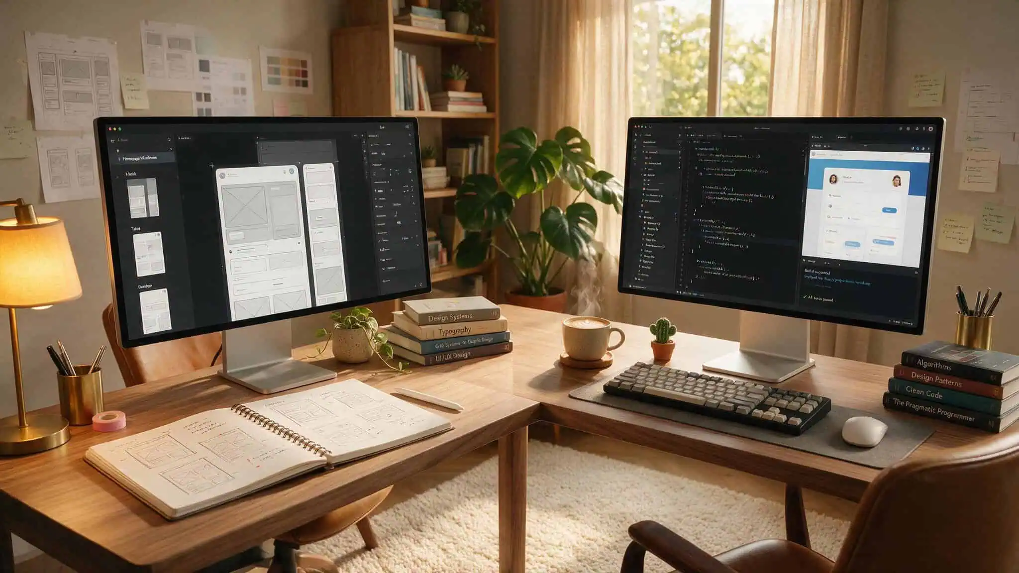 Split desk workspace showing web designer tools on one side and web developer tools on the other