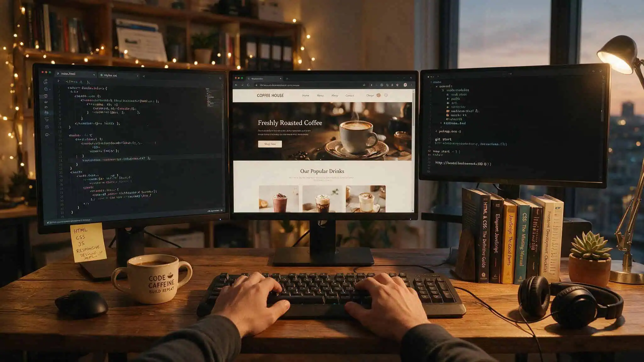 Web developer working at a multi-monitor desk with code, browser preview, and terminal visible