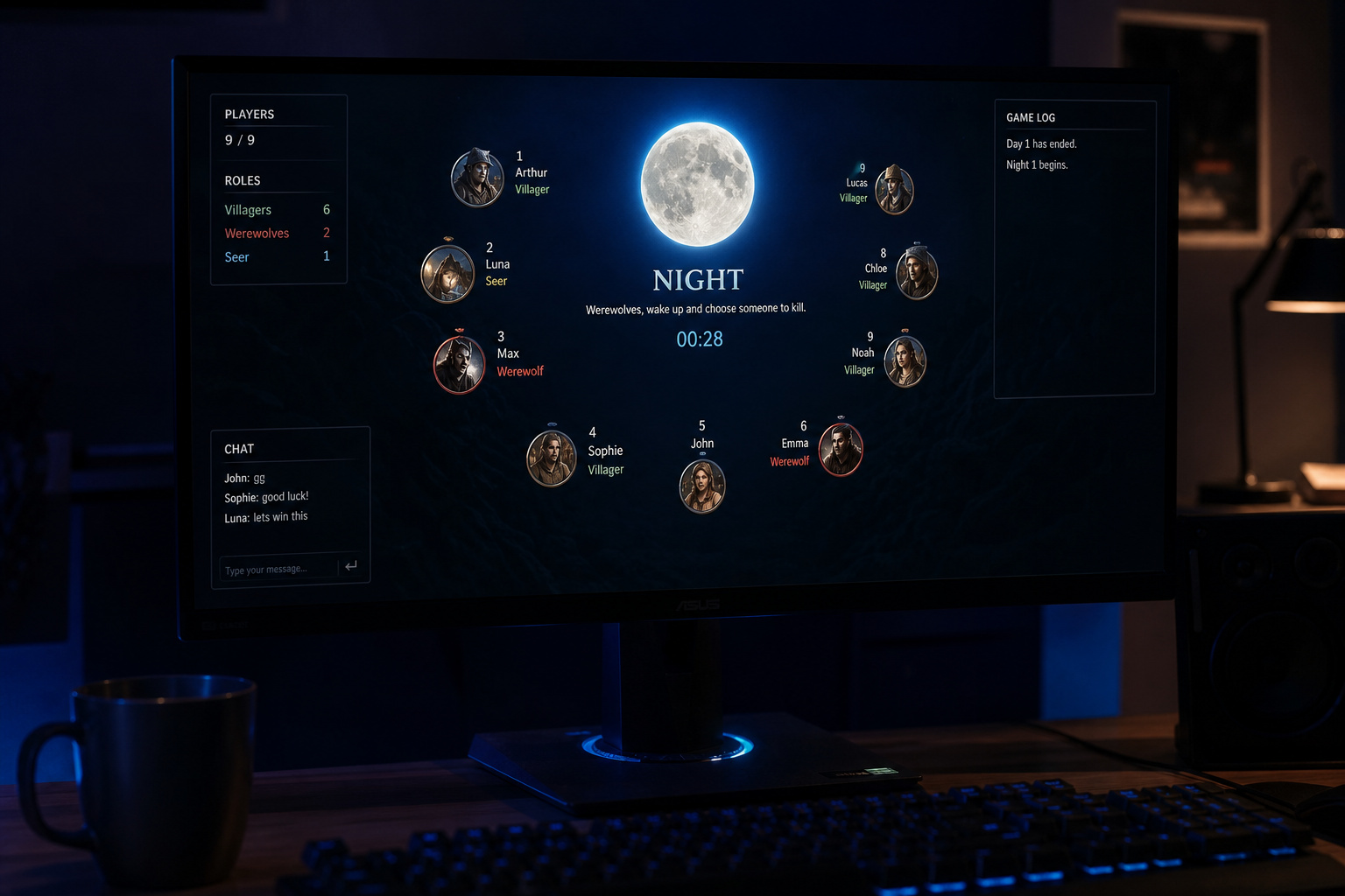 Computer screen showing Gidd.io Werewolf game night phase with villager and werewolf role icons.