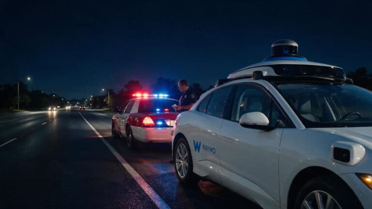 Waymo robotaxi pulled over by police at night with flashing lights