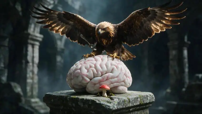 Passphrase visual storytelling method: eagle landing on brain sculpture with spoon and mushroom.