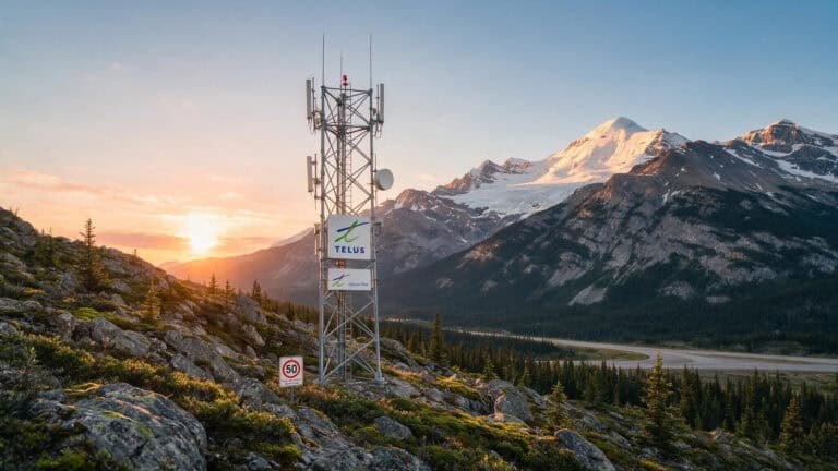 Telus cell tower on a Canadian mountainside at sunset, representing Public Mobile network coverage.
