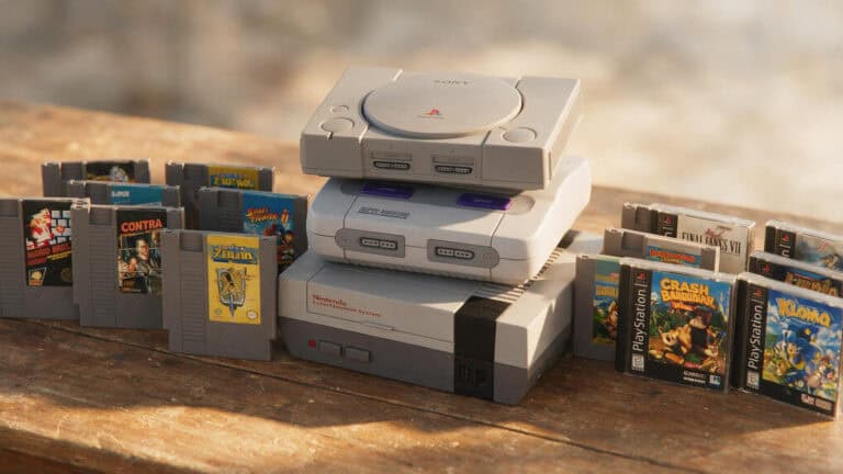 Stack of retro video game consoles and cartridges representing the physical gaming market.