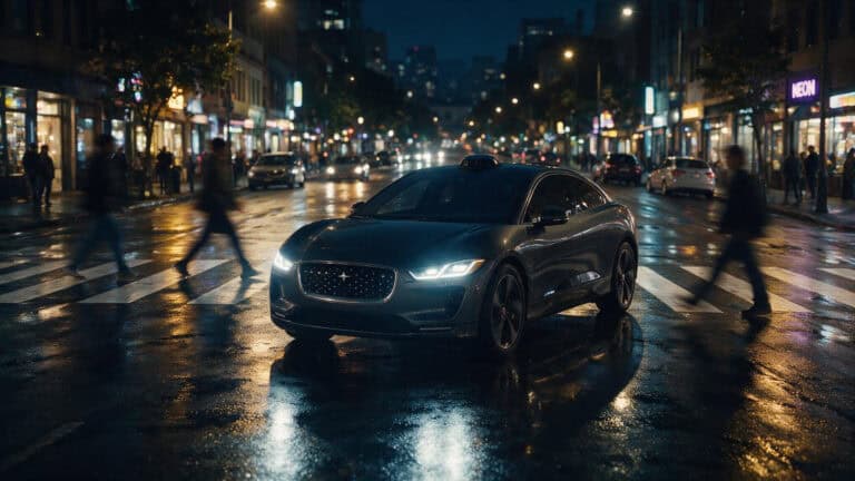 Autonomous vehicle liability article hero image showing a self-driving car at night.