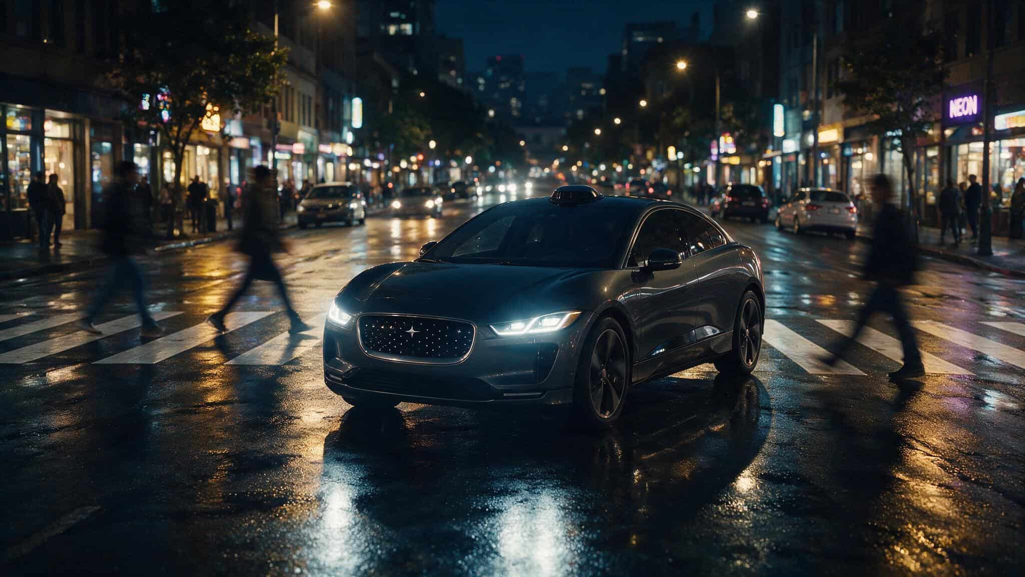 Autonomous vehicle liability article hero image showing a self-driving car at night.