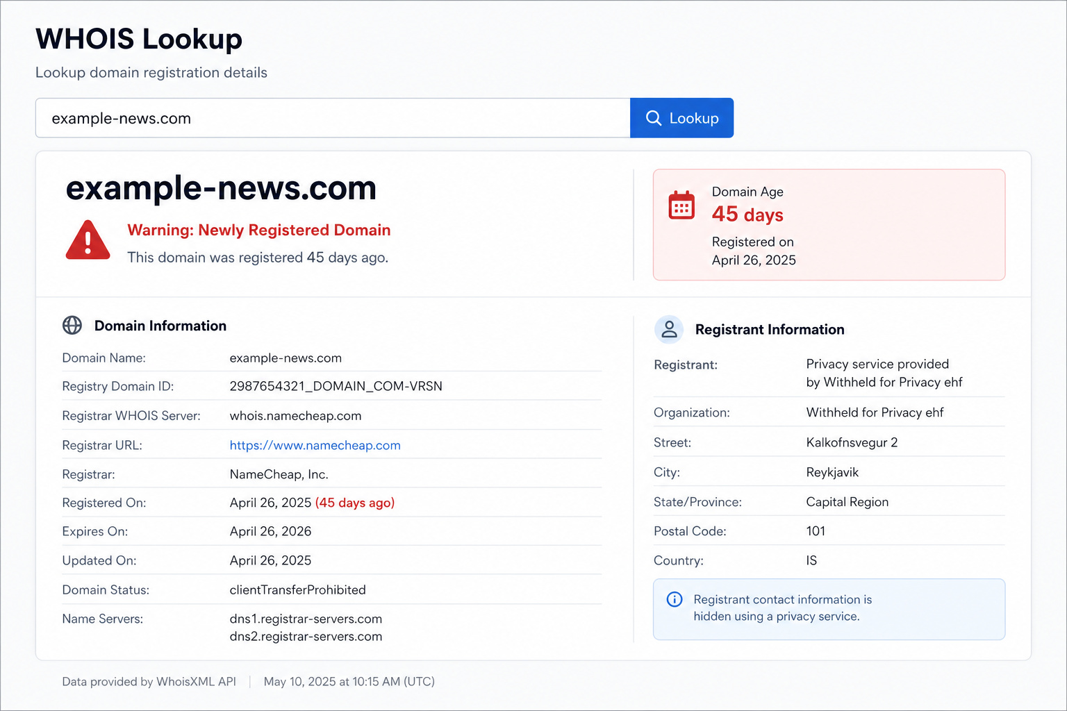 How to Identify a Fake Email Address: 12 Geeky Telltale Signs 7 WHOIS lookup showing a domain registered 45 days ago with a red warning flag.