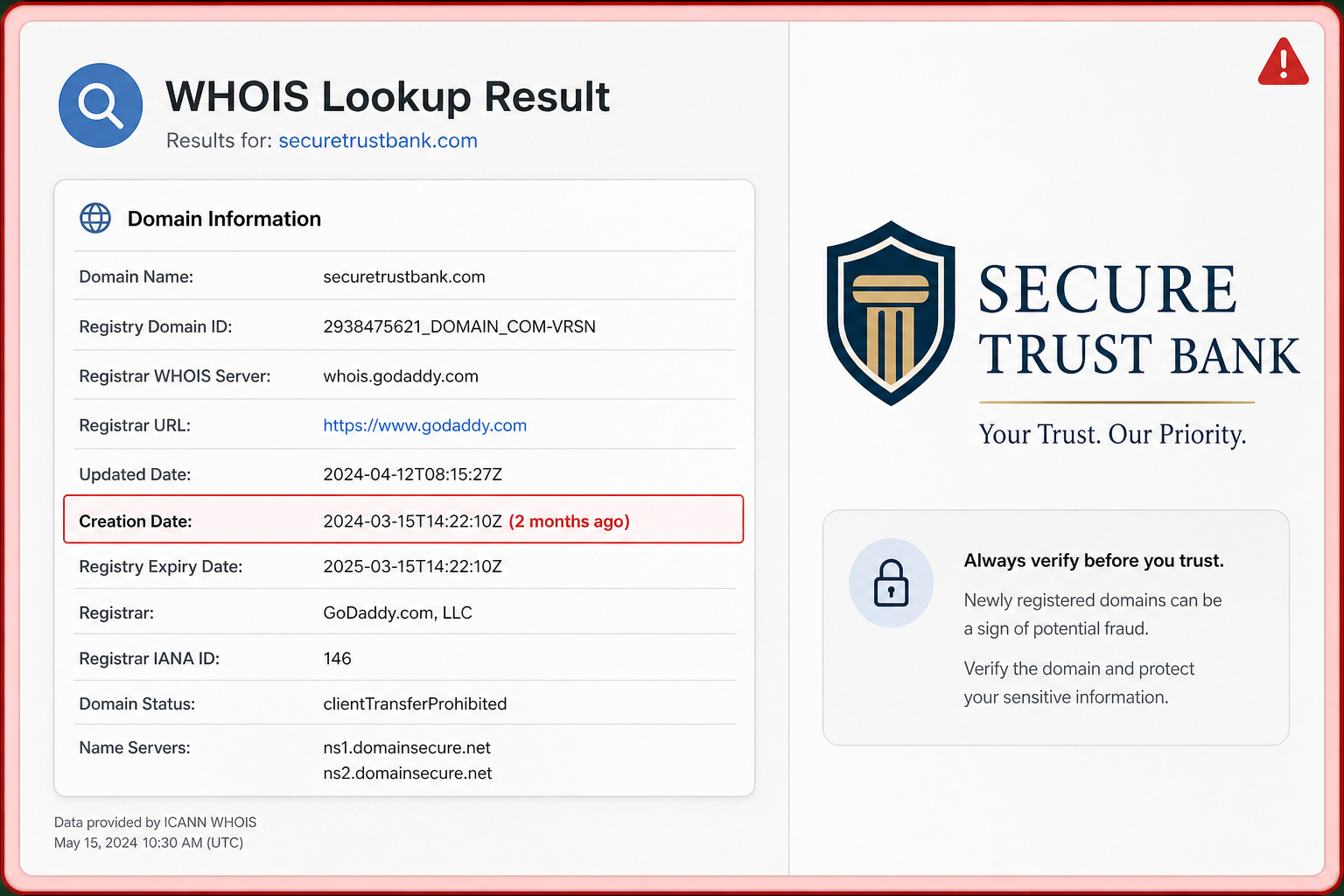 How to Verify if an Email is Legit: A Security Pro's Step-by-Step Guide 4 WHOIS lookup screen showing a suspiciously new domain registration for a claimed bank.