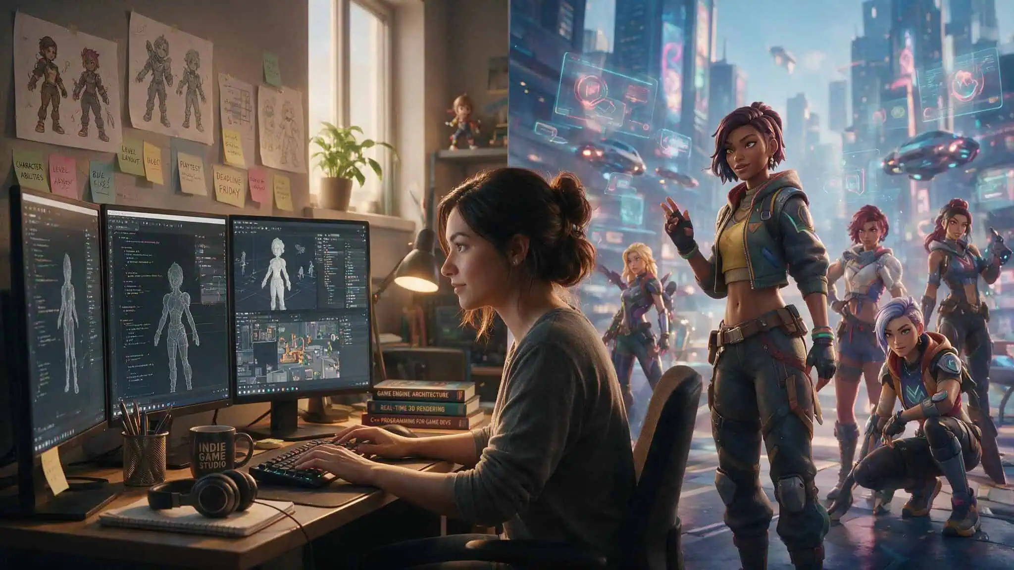 What Does 'Gamer Girl' Mean? Tracing the Term from Label to Stereotype 3 Female game developer coding and diverse female game characters, showing representation on screen and behind the scenes.