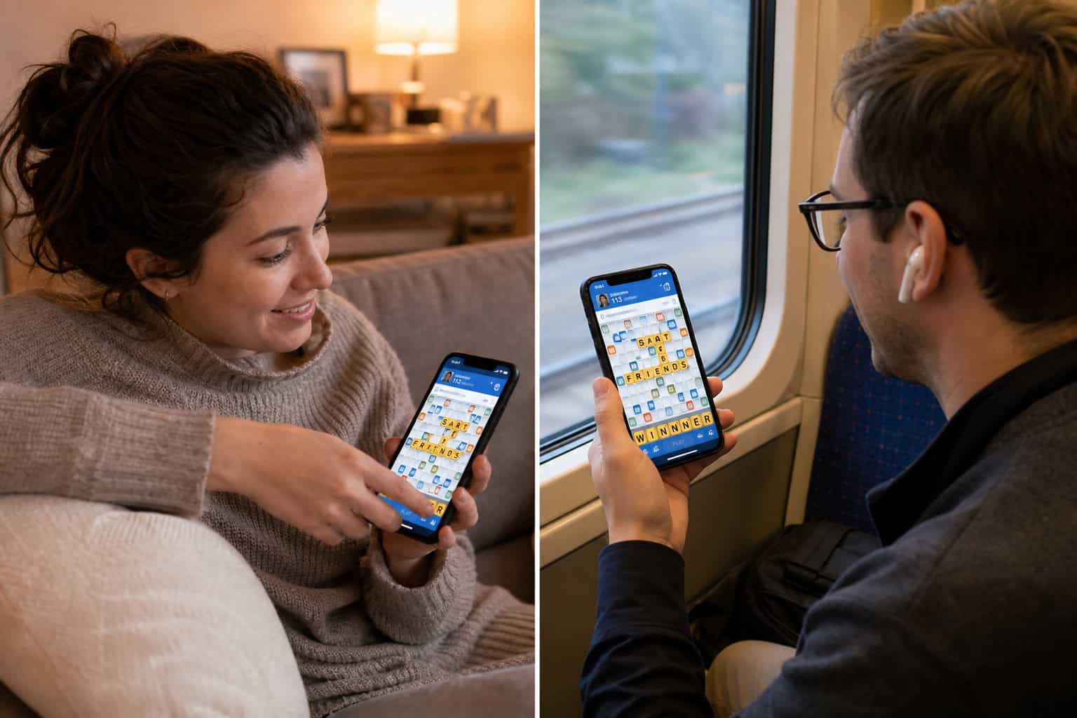 Two individuals, a woman and a man, are sitting on a train, each engaged with their smartphones, showcasing modern mobile device usage during travel.