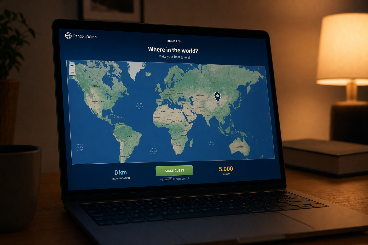 Laptop displaying WorldGuesser Free GeoGuessr street view location quiz with map pin interface.