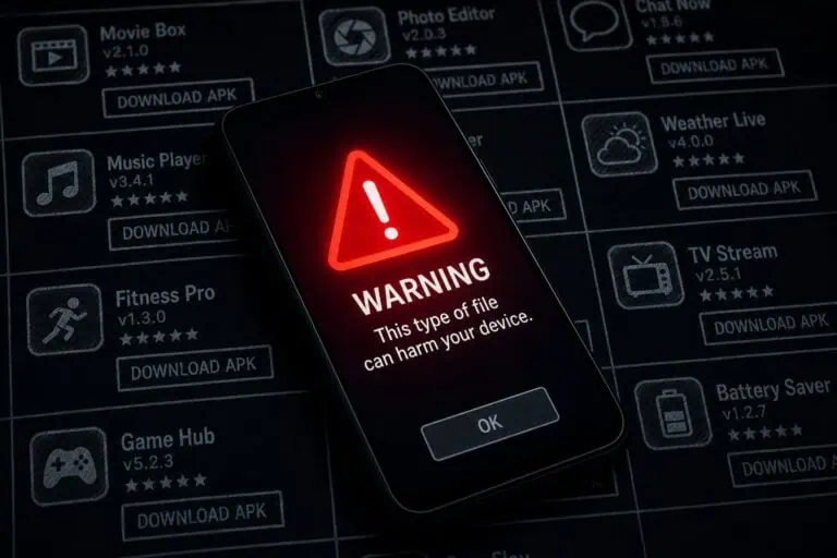 Smartphone displaying a warning message with a red exclamation mark icon, indicating a potential security threat or harmful file.