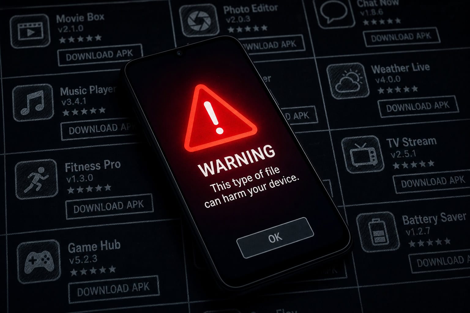 Smartphone displaying a warning message with a red exclamation mark icon, indicating a potential security threat or harmful file.