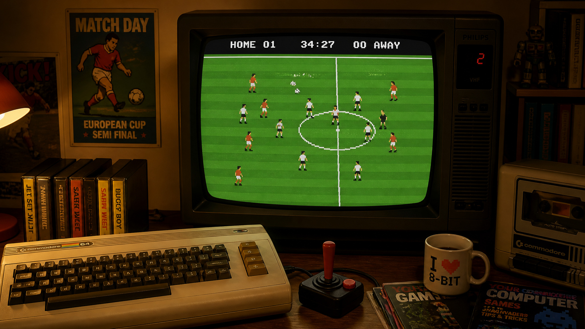 8-bit football video game on a retro TV, representing the early home console era of football gaming.