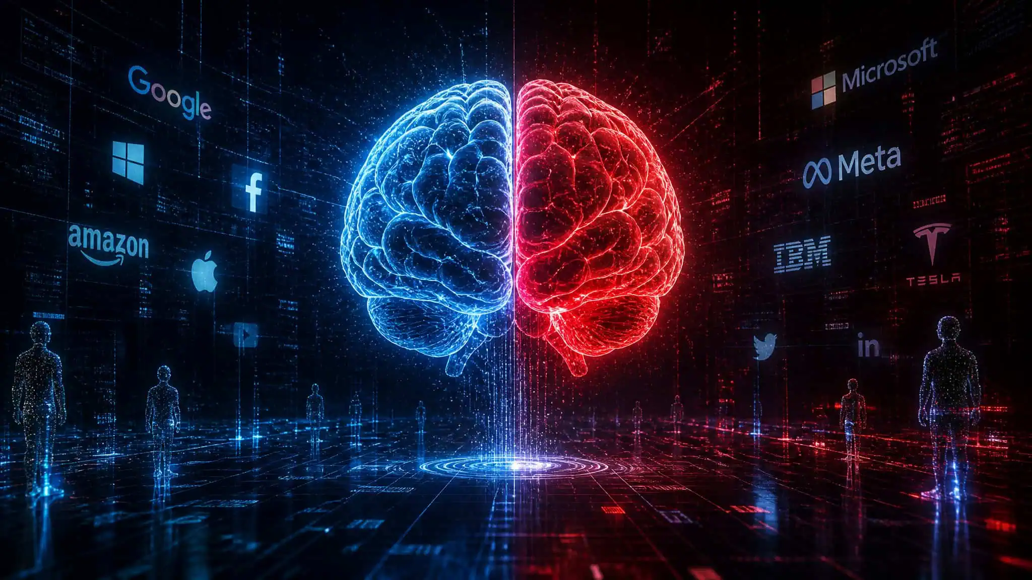 Two halves of a glowing digital brain merging in cyberspace, representing Wintermute and Neuromancer's quest for personhood.