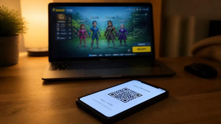 Laptop displaying a video game with four characters on the screen and a smartphone showing a QR code in front of it.