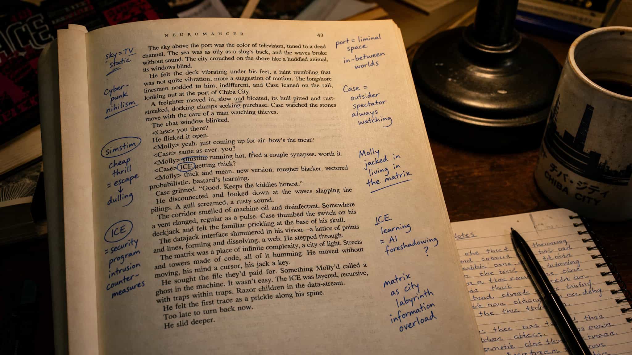 Annotated Neuromancer page with circled jargon terms like simstim and ICE, illustrating the deliberate disorientation of Gibson's prose.