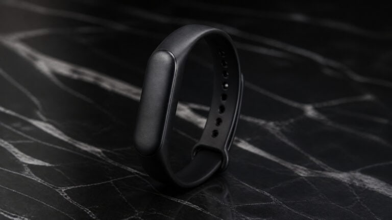 Modern black fitness tracker band on a dark marble surface, showcasing its slim design and adjustable strap for health monitoring.